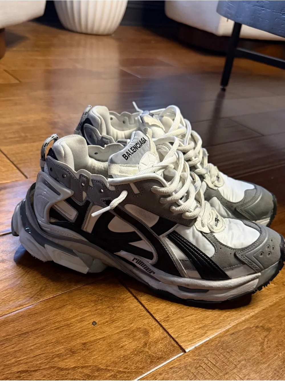 Balenciaga White, Gray & Black Layered Runner Sneakers